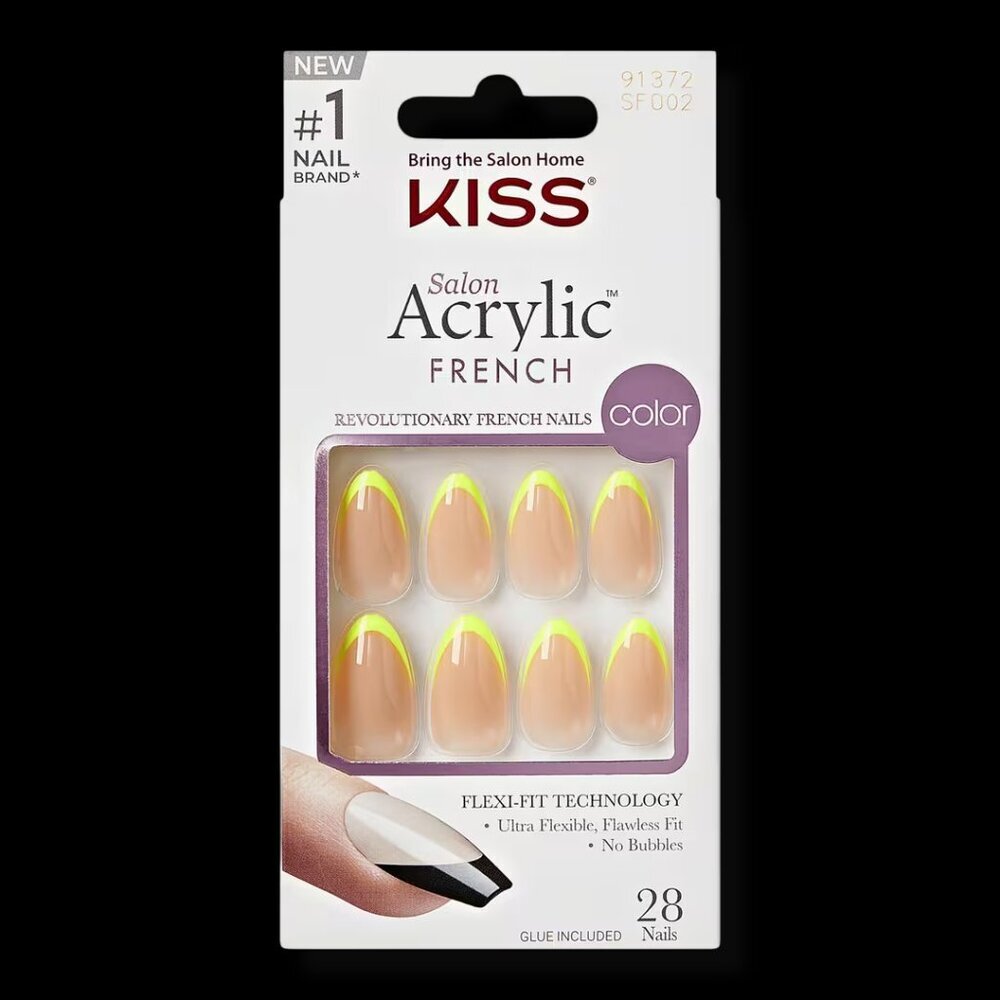 New in Box KISS Salon Acyrlic French Color Medium 28 Nails + Glue Flexi-Fit